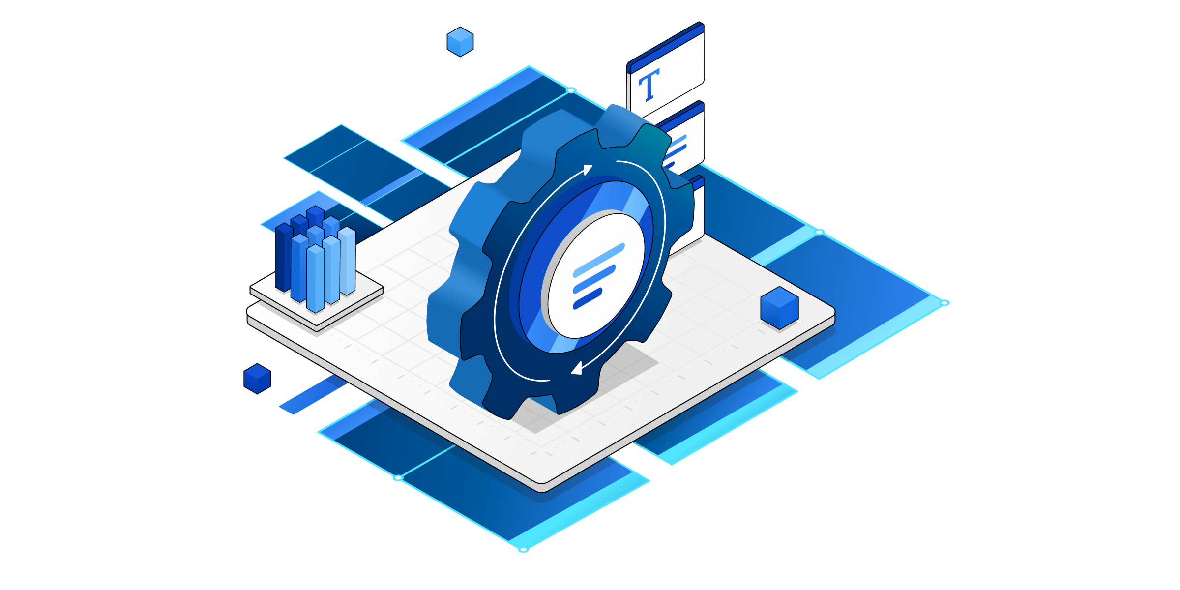 Illustration isométrique des composants techniques pour les services Power Automate.